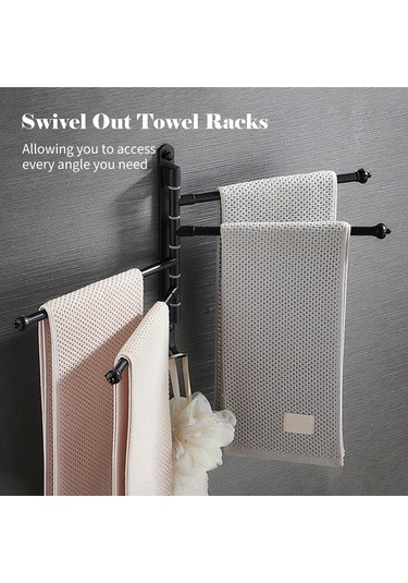 Mufunye 3 Kollu Dönebilir Çok Amaçlı Alüminyum Havlu Askısı - Delikli/deliksiz Montaj, 30cm Uzunluk, Siyah Renk Siyah
