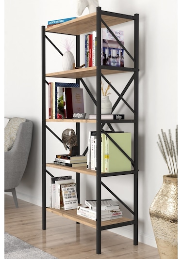 Dekoratif 5 Raflı Kitaplık Metal Kitaplık Çam