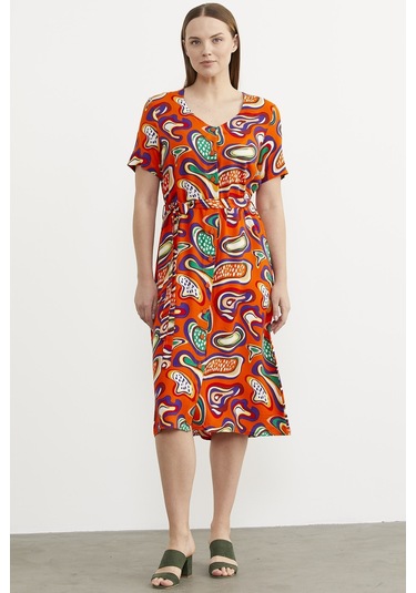 Önden Düğmeli Desenli Viskon Elbise - Oranj 001