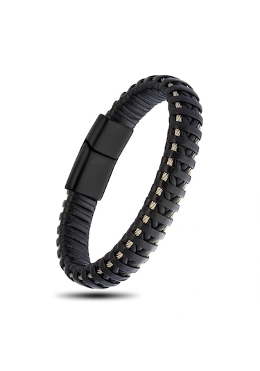 Caseras Hasır Örme Çelik ve Doğal Deri Erkek Bilekllik CSR2221011