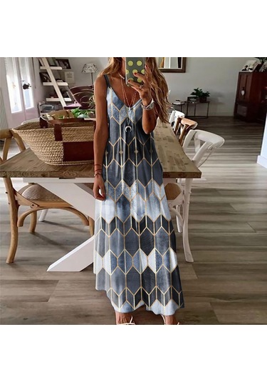 Gri Kadın Etek Yaz Gündelik Baskı Yular Tank Elbise Uzun Elbise