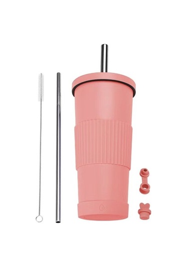 Dilele Paslanmaz Çelik Inci Süt Çay Bardağı, Pipet Yalıtım Bardağı, Dl068, 710ml Kapasite Pembe Pembe