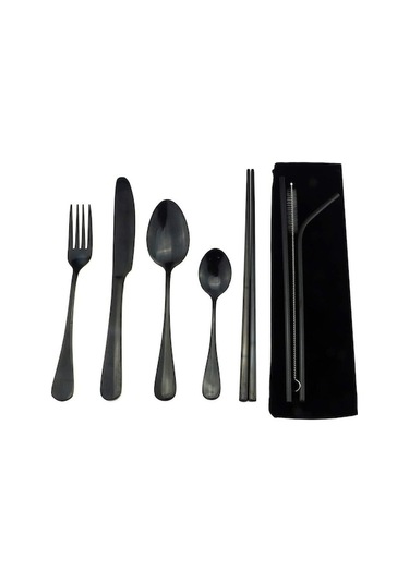 Novahub Siyah Taşınabilir Paslanmaz Çelik 8 Adet/takım Gökkuşağı Yemek Takımı Seti 18/10 Kaşık Çatal Çubuklarını Saman Seyahat Kamp Çatal Bıçak Takımı Kese Siyah Siyah