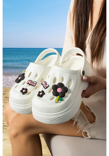 Modafrato Nays Dolgu Taban Kadın Terlik Yüksek Platform Plaj Deniz Havuz Terliği Beyaz