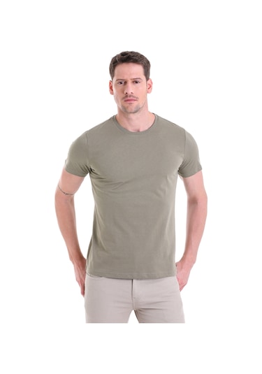 Hatemoğlu Regular Fit Pamuk Bisiklet Yaka Düz Erkek Tişört Açık Haki