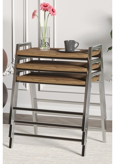 Zigon Sehpa , Aden 3'lü Tepsi Zigon Sehpa Takımı Gümüş Metal - Atlantik Çam Tabla Gümüş-atlantik Çam