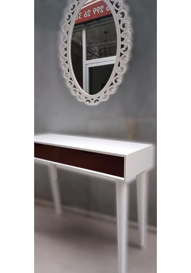 Dresuar Ahşap Kayın Retro Ayak Çift Çekmece Motifli Ayna Beyaz Ceviz El Yapımı Beyaz