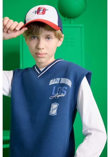 Defacto Erkek Çocuk V Yaka Baskılı Okul Süveteri F2709a825aube829 Mavi