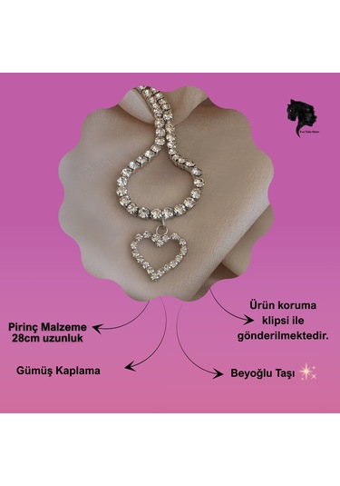 Tek Sıralı Kalp Figürlü Kristal Taşlı Choker Tasma Silver Renk Kolye Gümüş