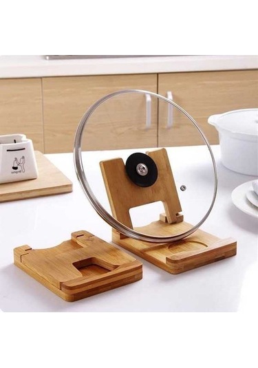 Pazly Çevre Dostu Bambu Pot Tutucu Kapak Tutucu, Mutfak Eşyası Rafı, Drenaj Tavası, Bambu Malzeme, 17x13.5x14cm, Yeni Model Doğal