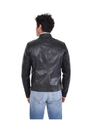 Hakiki Deri Siyah Erkek Deri Mont Hakim Yaka Üst Ve Yandan Fermuarlı Cep Detaylı Deri Ceket Siyah