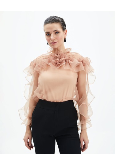 Kadın Volan Detaylı Şifon Bluz Çiçek Yaka Tasarım, Uzun Kollu Bej