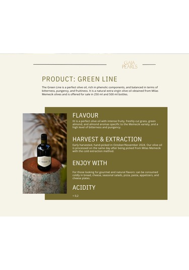Gaia Pearls İkili Set Yeşil Seri 250 Ml X2 Avrupa Birliği Coğrafi İşaretli Milas Memecik Erken Hasat Soğuk Sıkım Zeytinyağı Dengeli Meyvemsi