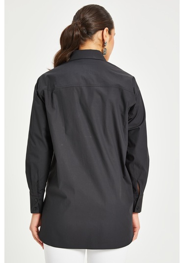 Kadın %100 Koton Oversize Gömlek Taş Düğme Detaylı Uzun Kollu Şık Model Siyah