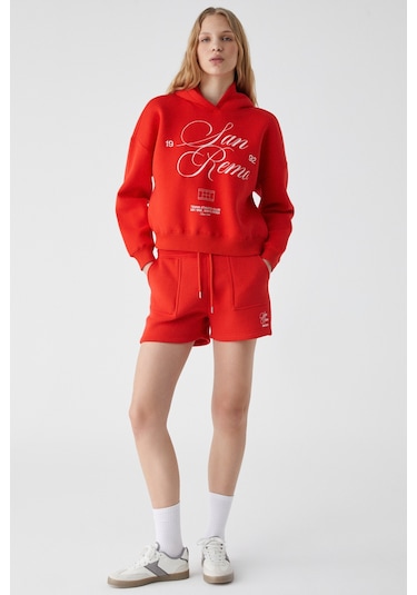 Ethıquet Tacna Kadın Kapüşonlu Uzun Kollu Oversize Kırmızı Sweatshirt