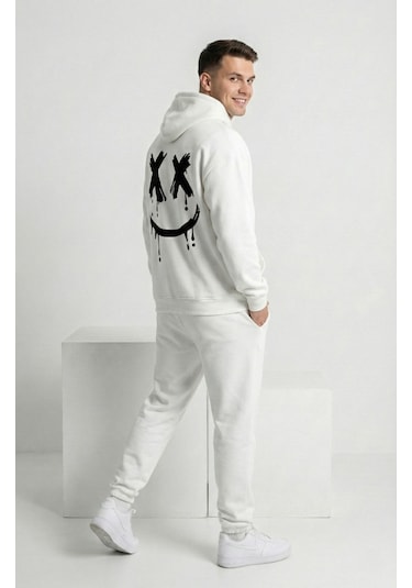 Unisex Smile Baskılı Sevgili Kombini Oversize Hoodie Seti Beyaz