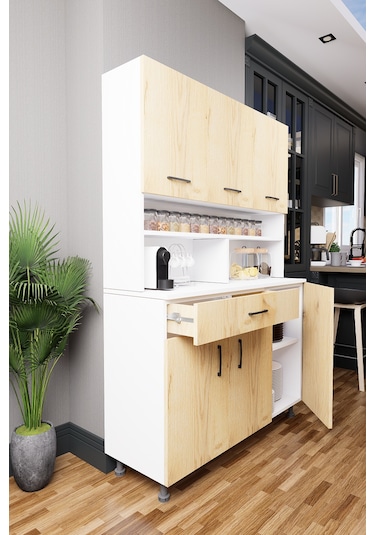 Mirobi Zimbal Çok Bölmeli Dekoratif Mutfak Dolabı Beyaz-rivoli Atlantik Çam Beyaz