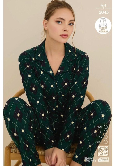 Çağrı Kadın Kışlık Süet Uzun Kollu Önü Düğmeli Yumuşak Dokulu Pijama Takımı Yeşil