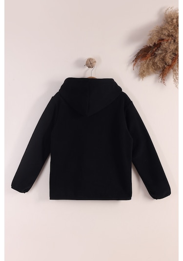 Monox Lastik Manşetli Fermuarlı Kapüşonlu Çocuk Unisex Polar Ceket Siyah