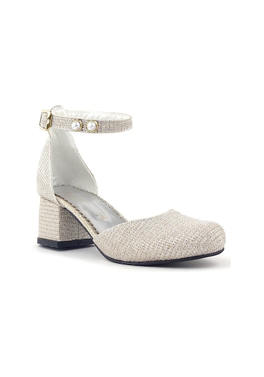 Merida Gold Simli Kalın Topuklu İnci Detaylı Kız Çocuk Topuklu Ayakkabı Altın