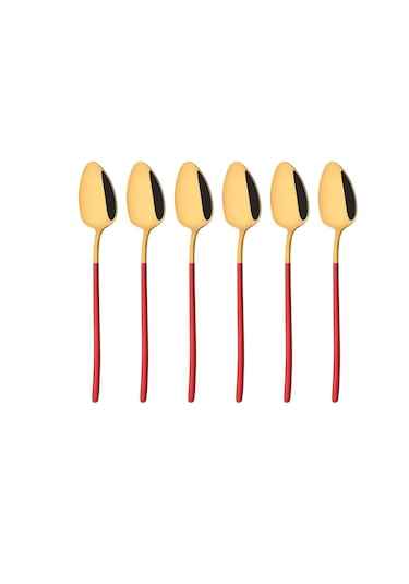 Kırmızı - Altın 6 Adet Mavi Altın Çay Kaşığı Seti 18/10 Paslanmaz Çelik Çay Kaşığı Gümüş Küçük Tatlı Kahve Kaşığı 5.5 İnç