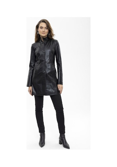 Care Siyah Düğmeli Dar Fit Kesim Astarlı Kısa Hakiki Kadın Deri Kaban-siyah Siyah