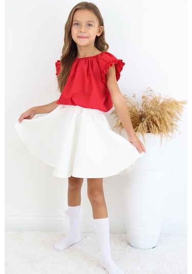 Kız Çocuk Kırmızı Bluz Krem Etek 23 Nisan 29 Ekim Gösteri Takımı Kırmızı-ekru