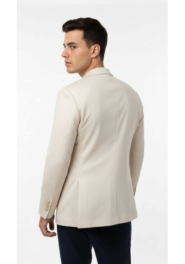 Erkek Suet Blazer Ceket Şık Düğmeli Takım Elbise Üstü Slim Fit Model Krem
