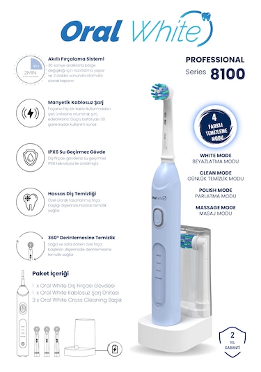 Oral White 4 Modlu Professional 8100 Şarjlı Diş Fırçası Mavi