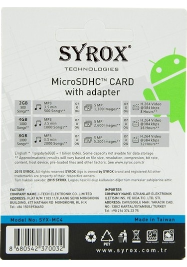 Syrox 4 GB MicroSDHC Hafıza Kartı + Adaptör