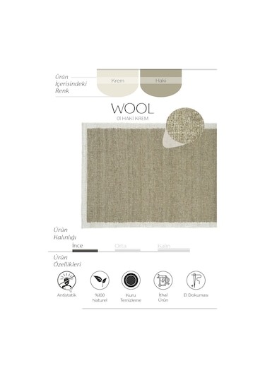 Cool Halı Wool 01 Natural Yün Halı Jüt Halı Yolluk El Dokuma Jüt Kilim Hasır Halı Bohem El Halısı Otantik Halı Haki - Krem