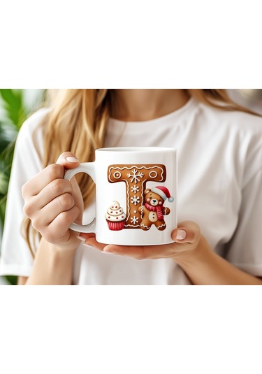 T Kurabiye Harf Ve Ayıcık Detaylı Kupa Bardak - Yeni Yıl / Yılbaşı Temalı Tasarım - Noel Hediye Beyaz