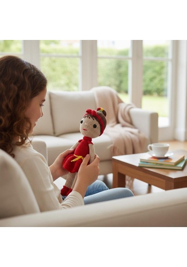 Kırmızı Elbiseli El İşi Amigurumi Oyuncak Kız Bebek Kırmızı