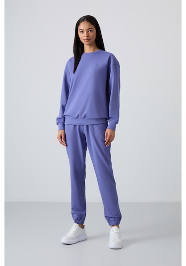 Tommy Life Eflatun Basic Pamuklu O Yaka Oversize Lastik Paça Kadın Eşofman Takım - 95287 Mor