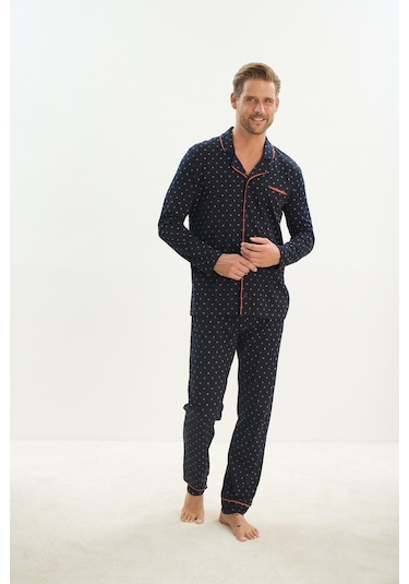 Erkek Uzun Kol Gömlek Yaka Önden Düğmeli Lacivert Pijama Takım C4t1n4o9 001