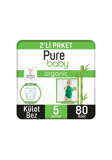 Pure Baby Organik Bambu Özlü Külot Bez 2'li Paket 5 Numara Junior 80 Adet 2'li
