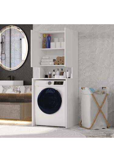 Mobilya Çamaşır Makinesi Dolabı 3 Raflı Kapaklı Banyo Dolabı Beya Beyaz