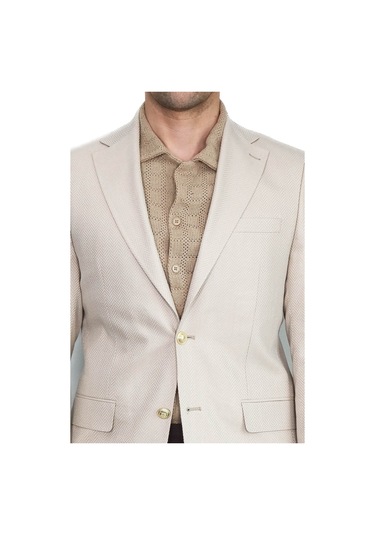 Bej Balıksırtı Desenli Gold Renk Metal Düğmeli Slim Fit Erkek Blazer Ceket - Wessi Cream
