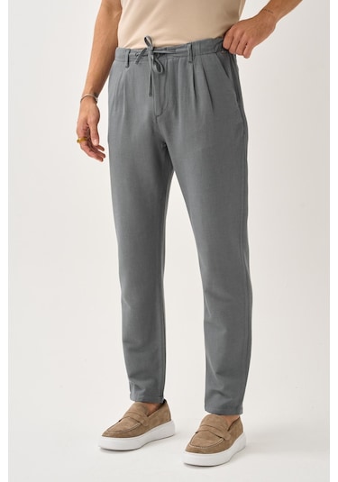 Alexandergardi Regular Fit Beli Lastikli Keten Pantolon gri