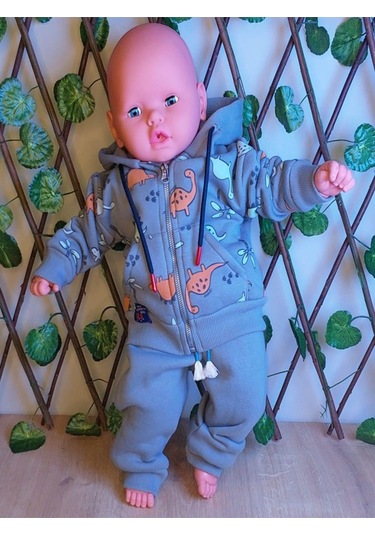 Erkek Çocuk Bebek Dinazor Desenli Kapşünlu Ve Fermuarlı 2 Li Takım-641 Mavi