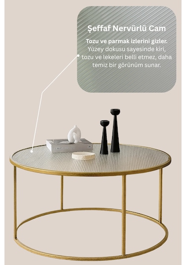 Berlin Nervürlü Camlı Gold 80cm - Metal Çerçeveli Cam Yuvarlak Orta Sehpa - Modern Ve Şık Tasarım Gold