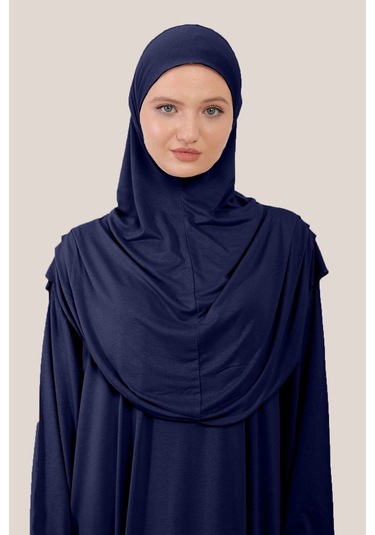 Tek Parça Tesettür Elbisesi Tak Çıkar Başörtülü Organik Pamuklu Lastikli Kolu Kaymaz Penye Kumaş Lacivert