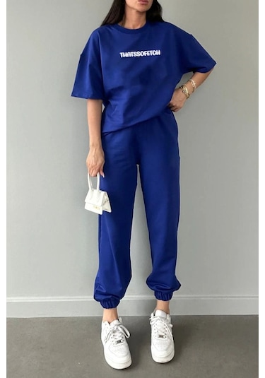 Thatssofetch T-shirt Eşofman Altı Jogger - Mavi Baskı Alt Üst Eşofman Takımı Oversize Bisiklet Yaka Saks Mavi