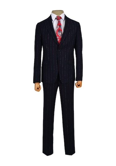 Kalın Çizgi Çift Düğme 6 Drop Slim Erkek Takım Elbise