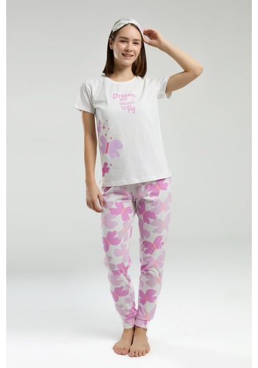 Roly Poly Dreams Are Meant To Fly Kadın Beyaz Kısa Kol Pijama Takım Beyaz