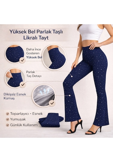 Enva Store Taşlı Tayt İspanyol Paça Likralı Lacivert