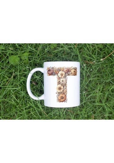 T Harfi Çiçek Desenli Kupa Bardak - Alfabe Harfleri İle Doğal Çiçekli Kupa - Hediye Fikir Beyaz