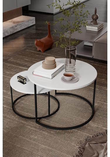 Orta Sehpa Bade İkili Lüx Yan Sehpa Masa Beyaz Beyaz