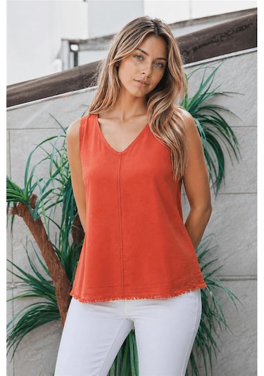 Fashion Friends Rahat Kalıp V Yaka Basic Bluz Bayan Bluz 26y0530k1 Kiremit