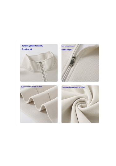 Balıkçı Yaka Yarım Fermuarlı Bol Günlük Erkek Sweatshirt'ü Beyaz